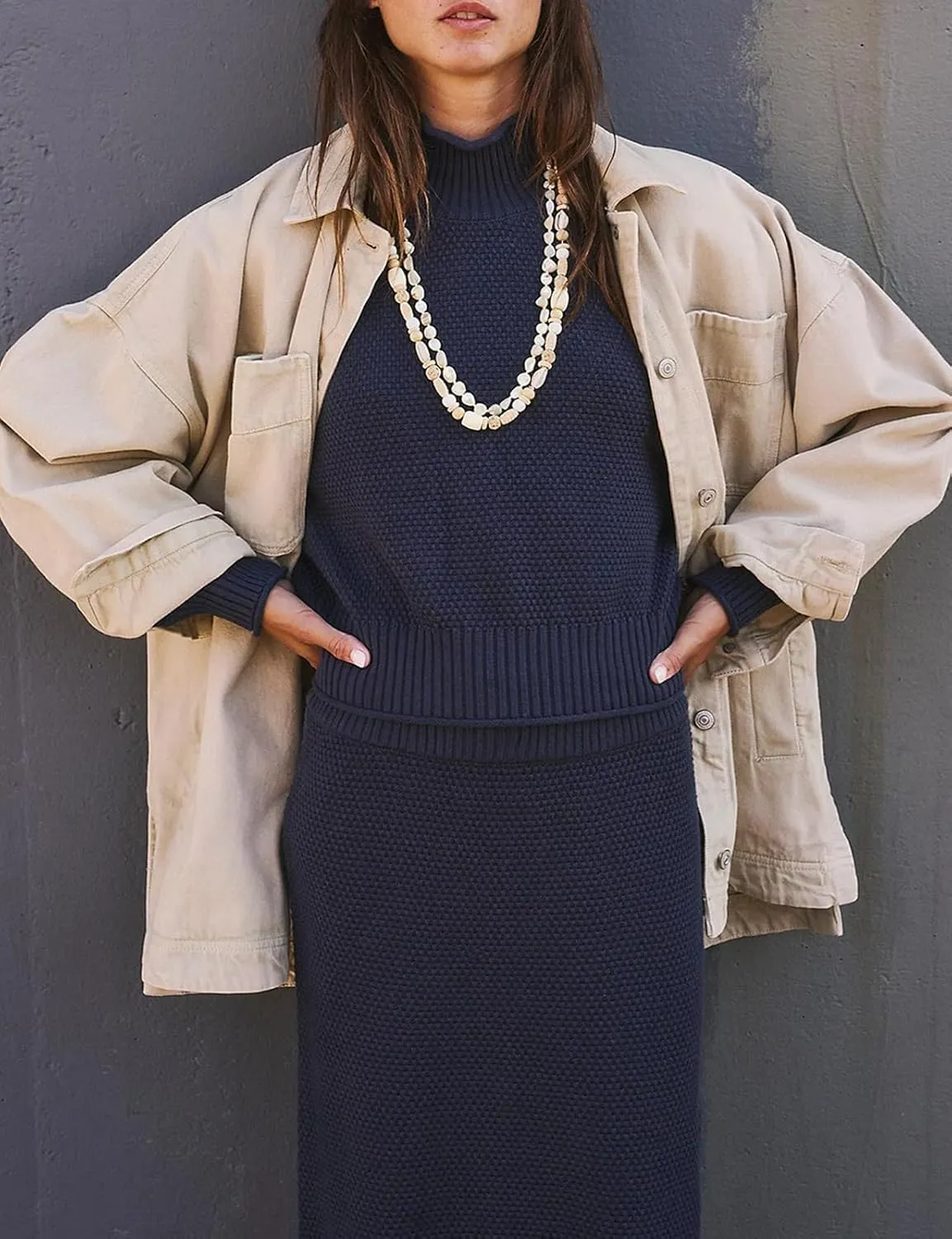 Womens 2 Piece Waffle Knit Lounge Outfits Turtleneck Pullover Sweater High Waist Long Pencil Skirt Set