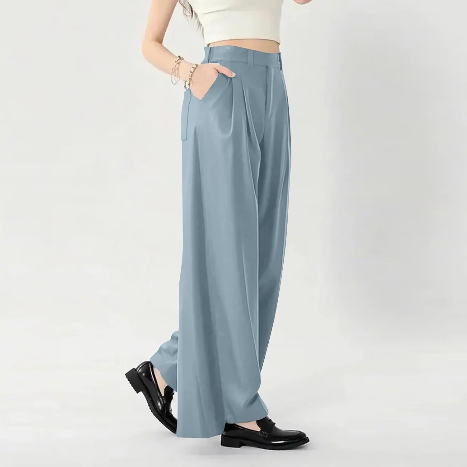 Women's Wide Legged Pants Pleated High Waisted with Pockets Flowy Trousers Business Casual Bottoms Trendy