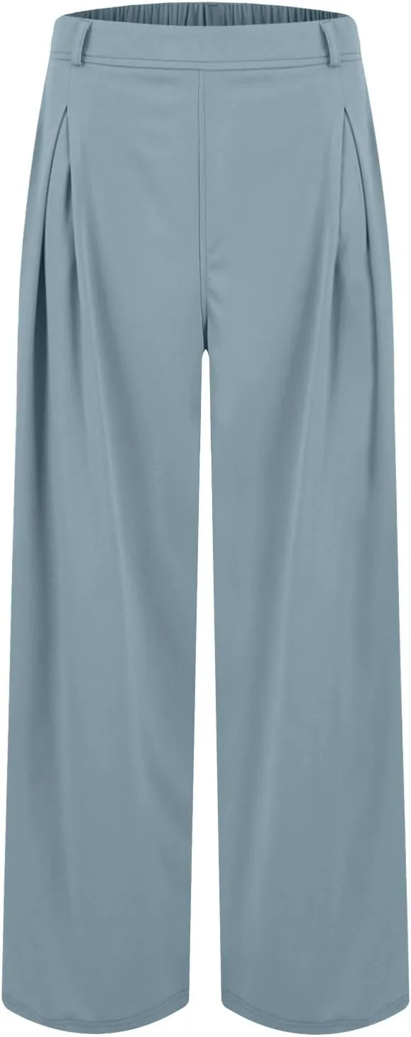Women's Wide Legged Pants Pleated High Waisted with Pockets Flowy Trousers Business Casual Bottoms Trendy