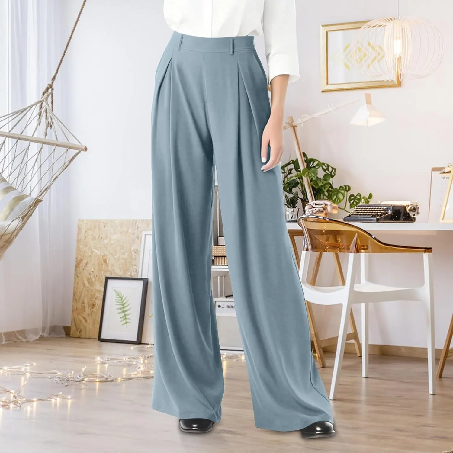 Women's Wide Legged Pants Pleated High Waisted with Pockets Flowy Trousers Business Casual Bottoms Trendy