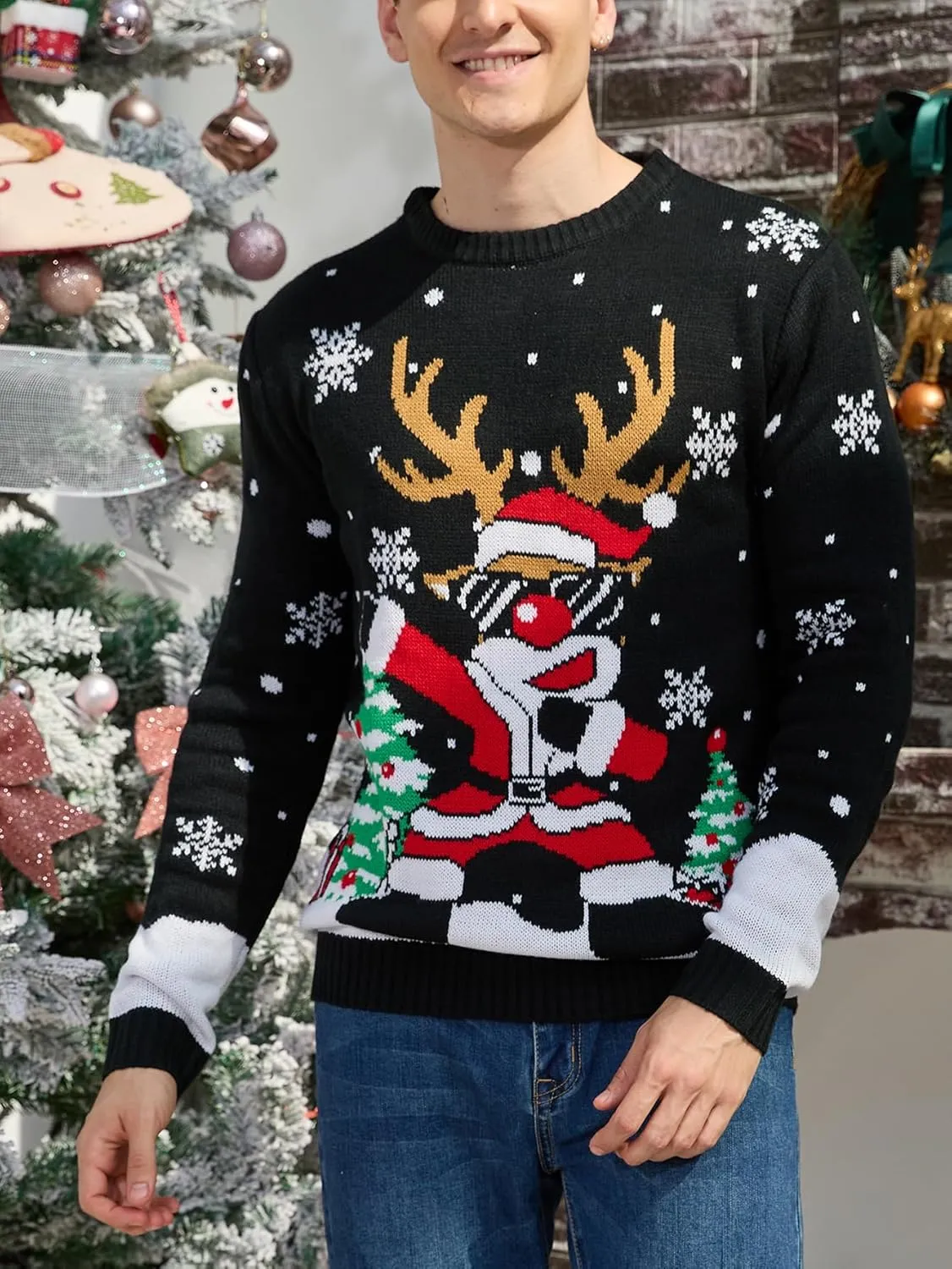 YIJIU Men's Ugly Christmas Sweater Long Sleeve Crew Neck Knitted Sweaters Xmas Holiday Funny Pullover Knitwear Tops