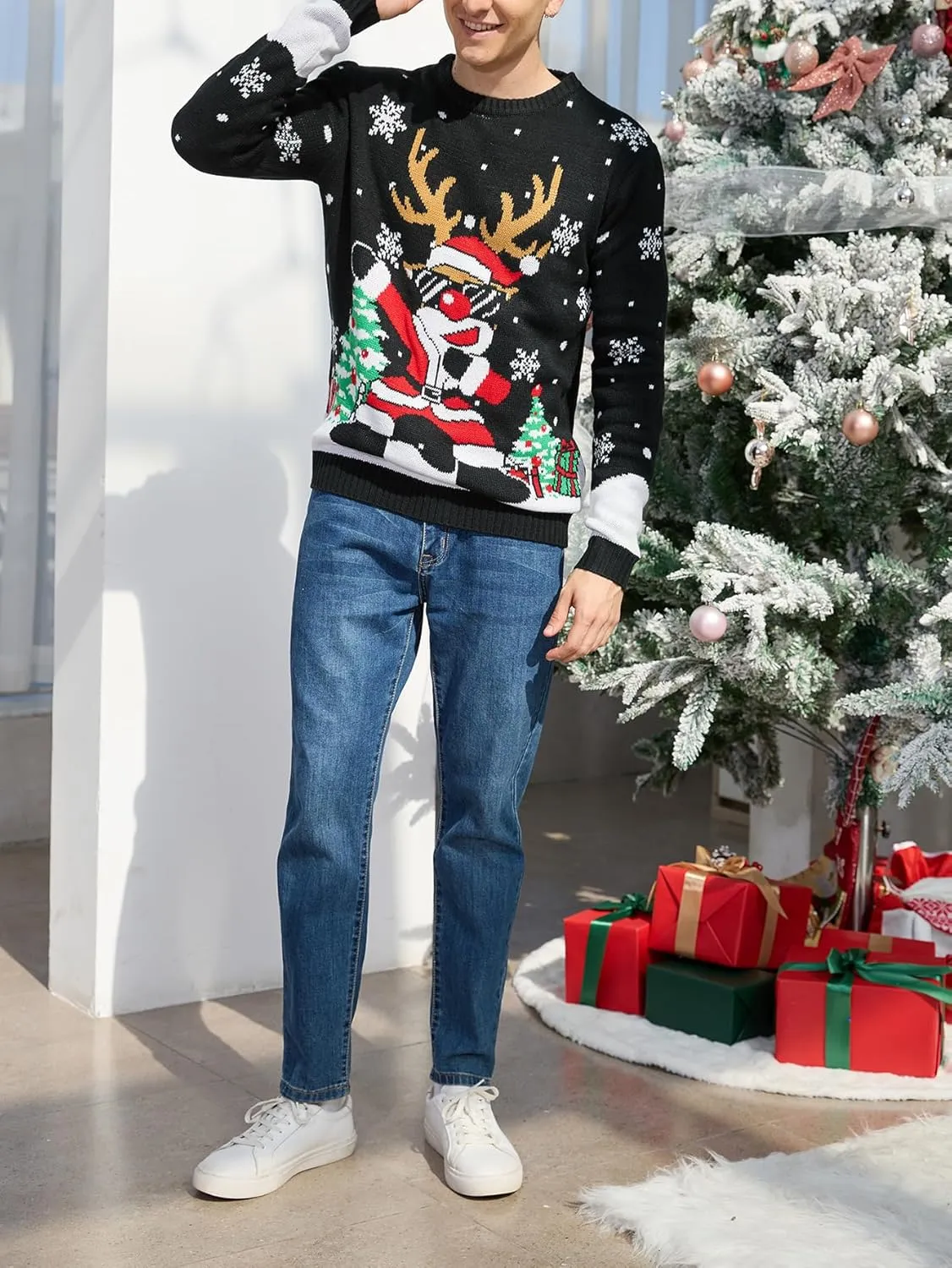YIJIU Men's Ugly Christmas Sweater Long Sleeve Crew Neck Knitted Sweaters Xmas Holiday Funny Pullover Knitwear Tops