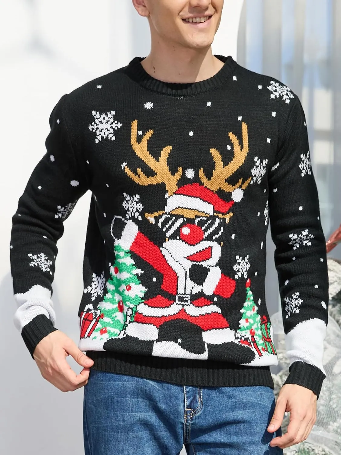 YIJIU Men's Ugly Christmas Sweater Long Sleeve Crew Neck Knitted Sweaters Xmas Holiday Funny Pullover Knitwear Tops