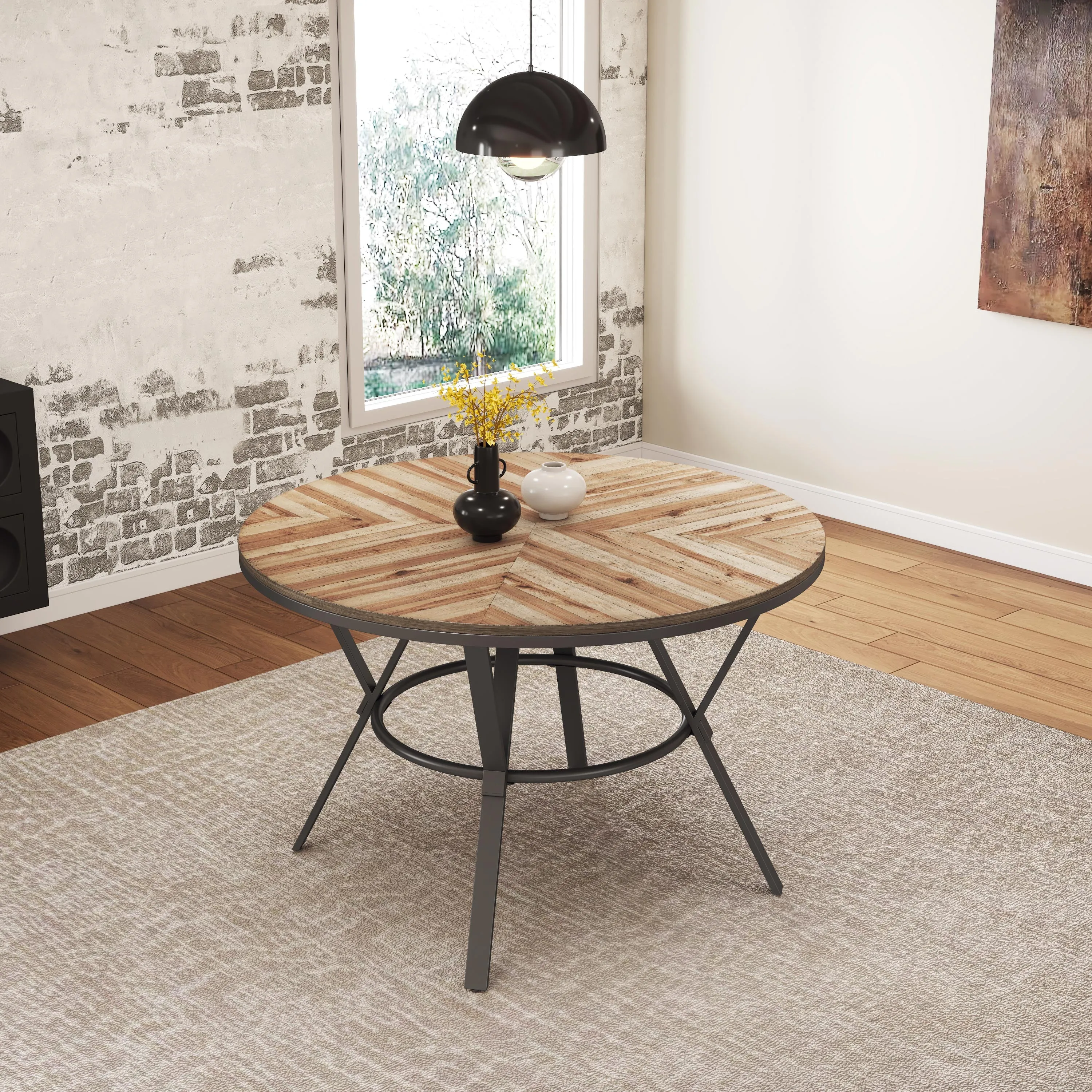Zestia Modern Round Wood Dining Table, Light Birch   Black